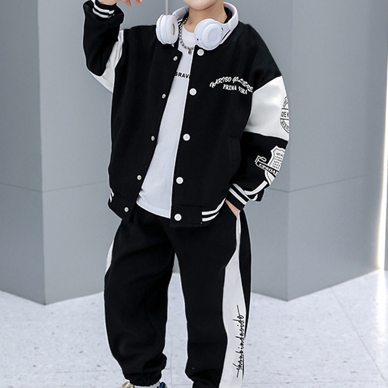 2 Pieces Kids Boys Tracksuits Outfit Stripe Letter Long Sleeve Button Cotton Set Daily Spring Fall 7-13 Years Black Gray - Main Image
