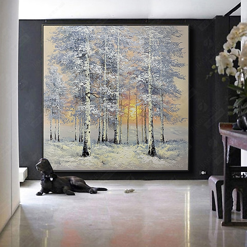Large Handmade snow scene birch forest oil painting mural art Hand Painted Oil Painting Wall decorative painting landscape painting Home Decoration Decor Rolled Canvas2