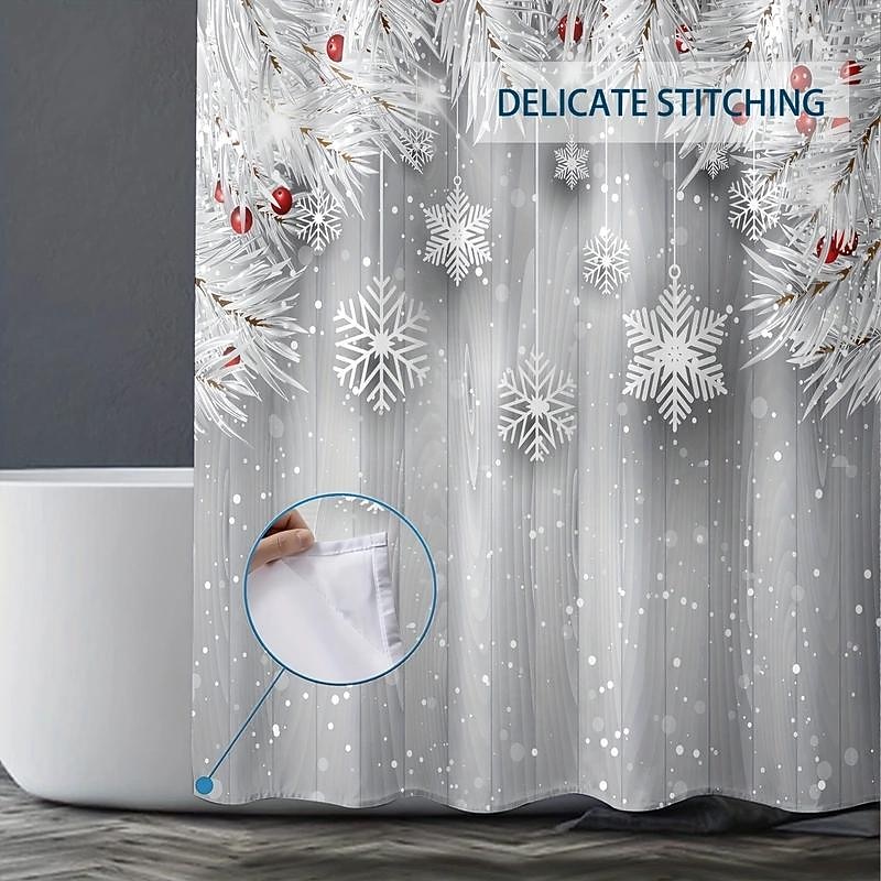 Christmas Snowflakes Shower Curtains, Non-Slip Rugs, Toilet Lid Cover & Bath Mat, Merry Xmas Bathroom Decor, Waterproof Shower Curtain, With 12 Hooks Xmas Decorations4