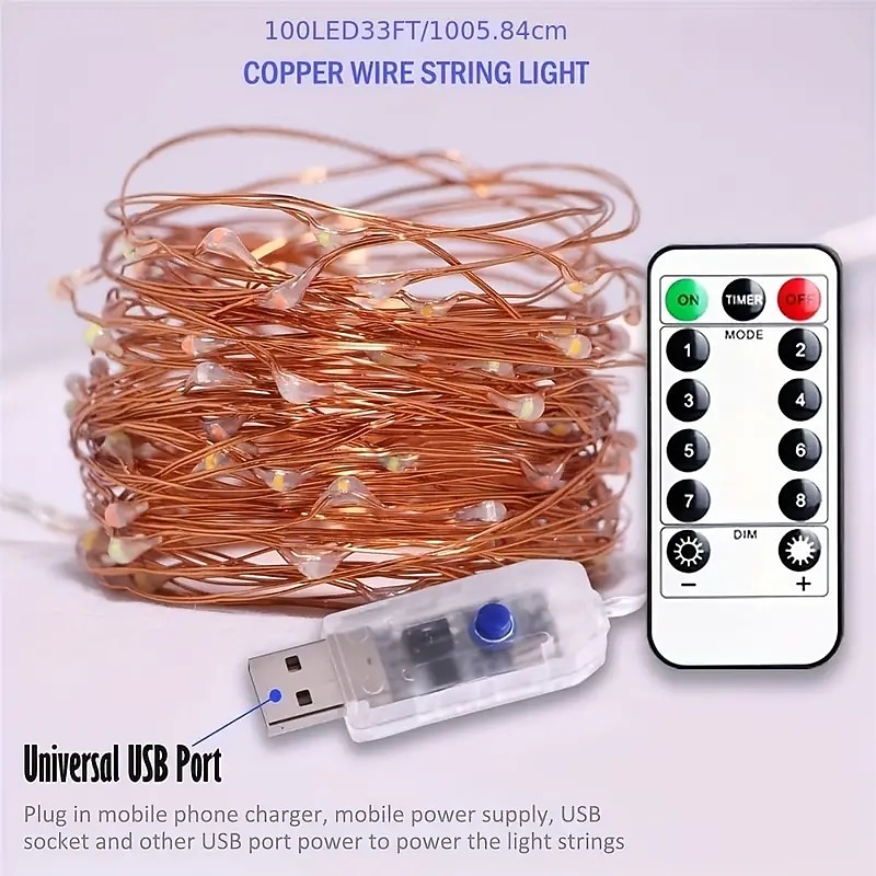 Twinkle Star 100LEDs Copper Wire Light Strings Garden Fairy Light Strings With 8 Lighting Modes USB Powered with Remote Control for Wedding Party Home Christmas Decorations3