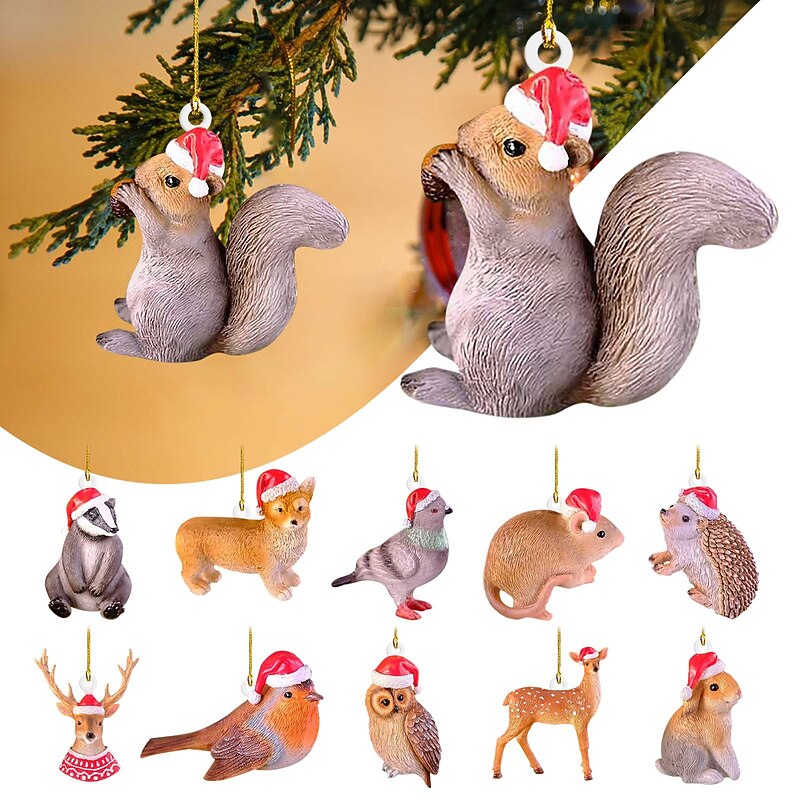 Christmas Little Animal Squirrel Hedgehog 2D Acrylic Pendant Christmas Tree Car Decoration Xmas Home Decoration