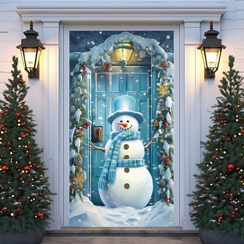 Christmas Door Decorations Snowman Door Covers Door Tapestry Door Curtain Xmas Decoration Backdrop Door Banner for Front Door Farmhouse Holiday Party Decor Supplies3