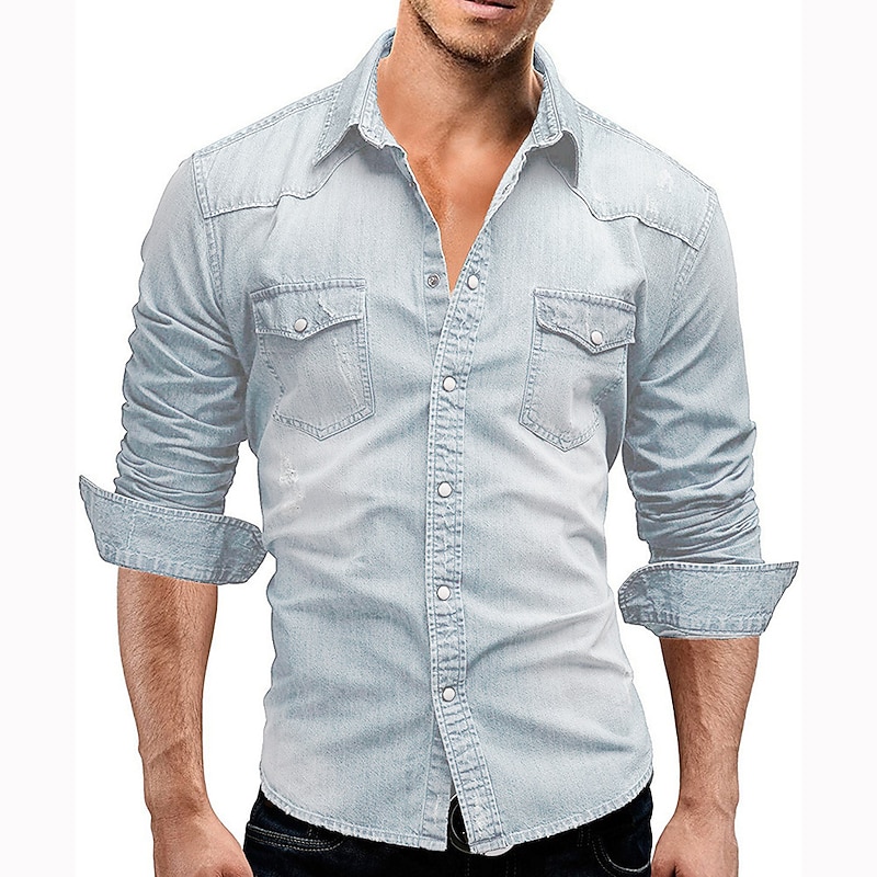 Men's Denim Shirt Light Grey Dark Gray Light Blue Long Sleeve Solid Colored Turndown Vacation Casual Button-Down Clothing Apparel Polyester Fashion Casual Breathable Comfortable2