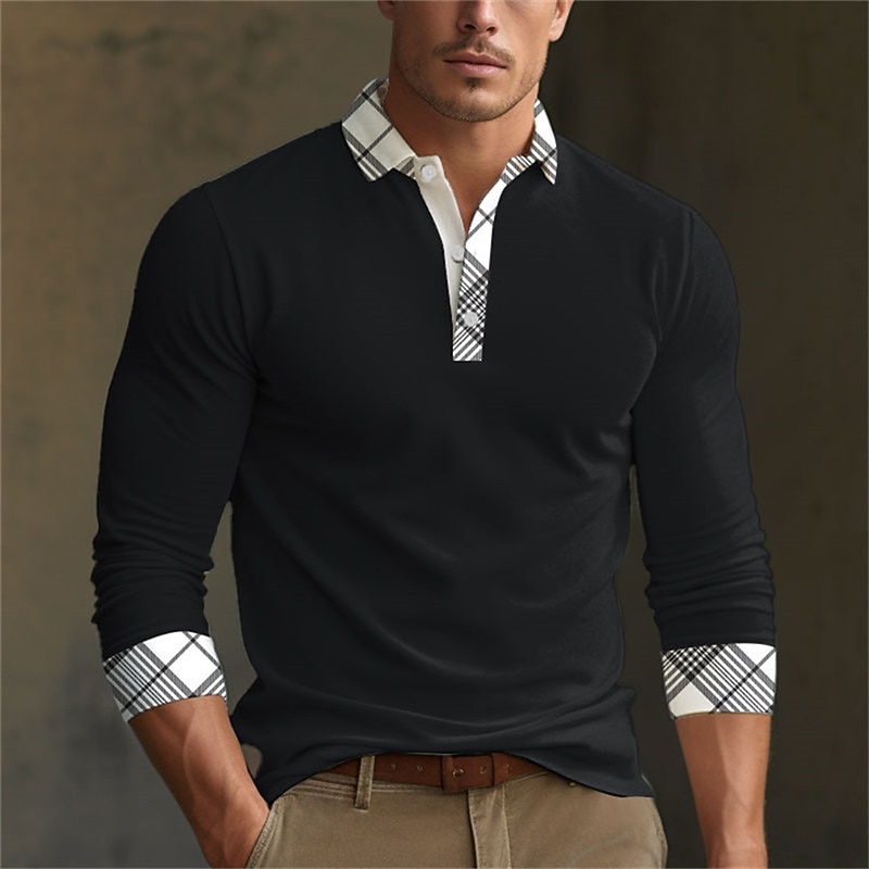 Kentucky Derby Men's Plaid Polo Shirts Golf Shirt Long Sleeve Polo Shirts Collared Shirts Business Casual WorkWear Formal Wear Festival Wear 3D Print Buttons Fall & Winter Black Wine Dark Navy4