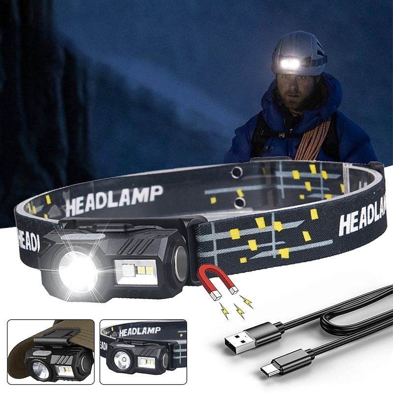 Shustar-Mini LED Headlamp Motion Sensor Camping Fishing Lantern USB Rechargeable Headlight with Magnet Warning Lamp Cap Clip Lights