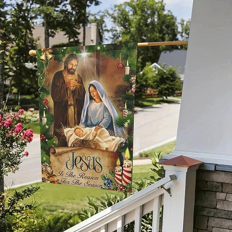 Jesus Is The Reason For The Season Garden Flag, Jesus Garden Flag Banner, Double Sided Jesus Vertical Flag for Outside, Farmhouse Yard Outdoor Christmas Decor