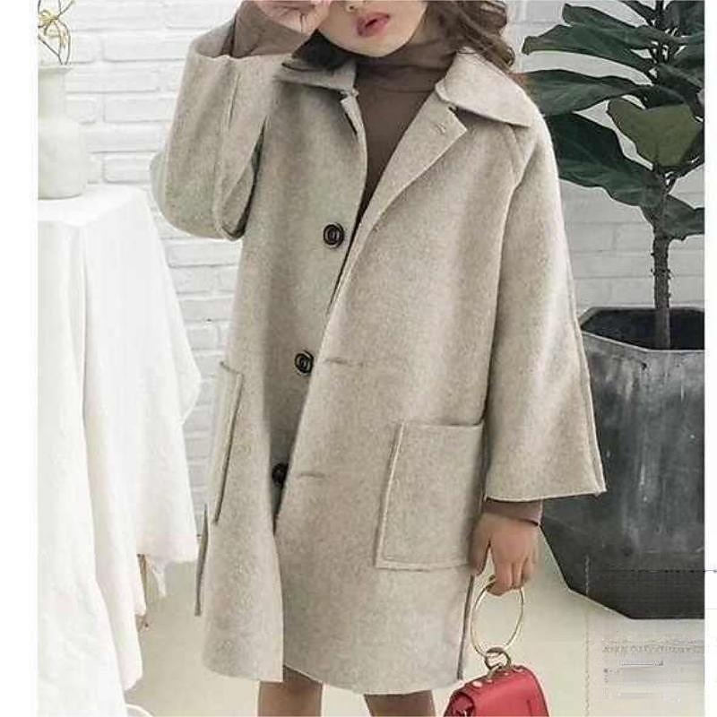 Kids Girls' Woolen Coat Long Sleeve Pink Purple Gray Solid Color Button Fall Winter Daily School 7-13 Years2