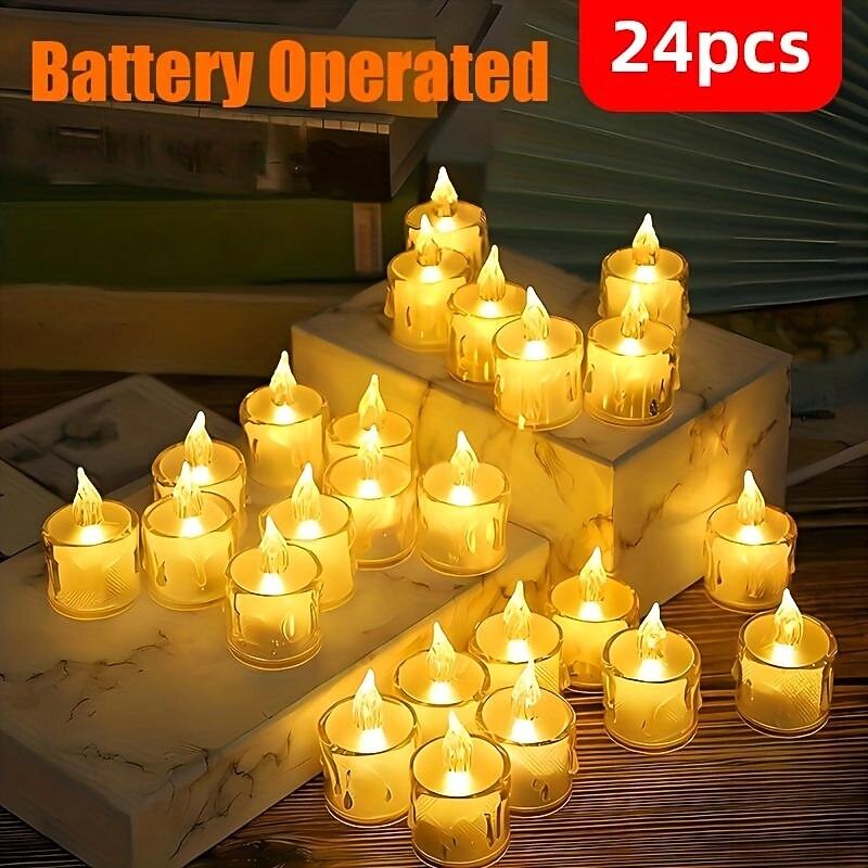 24pcs Battery Operated LED Flameless Candles - Teardrop Night Lights for Valentine's Day, Christmas, Religious Weddings, Parties, and Home Decor - Tear-Off Tea Wax Candle Lights2