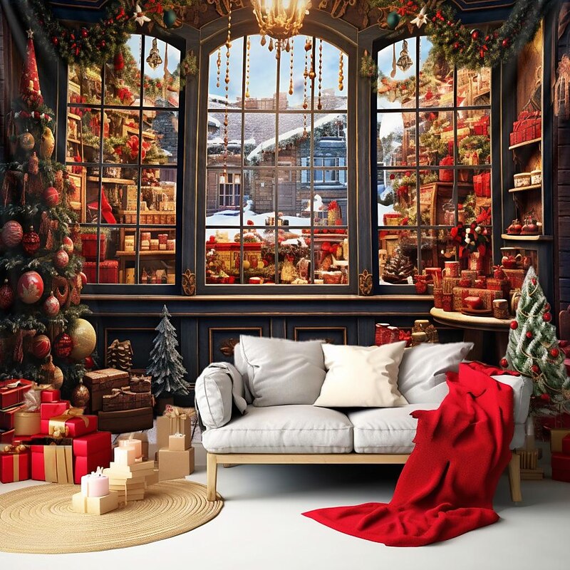 Christmas Decorations Window Town View Hanging Tapestry Wall Art Xmas Large Tapestry Mural Decor Photograph Backdrop Blanket Curtain Home Bedroom Living Room Decoration3