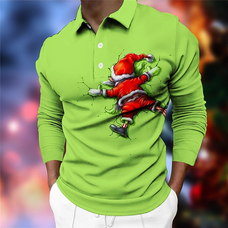 Christmas Men's Santa Claus 3D Polo Santa Claus Casual Print 3D Golf Outdoor Casual Daily Streetwear Polyester Long Sleeve Turndown Shirts Green Gray Fall & Winter S M L Micro-elastic Lapel Polo2