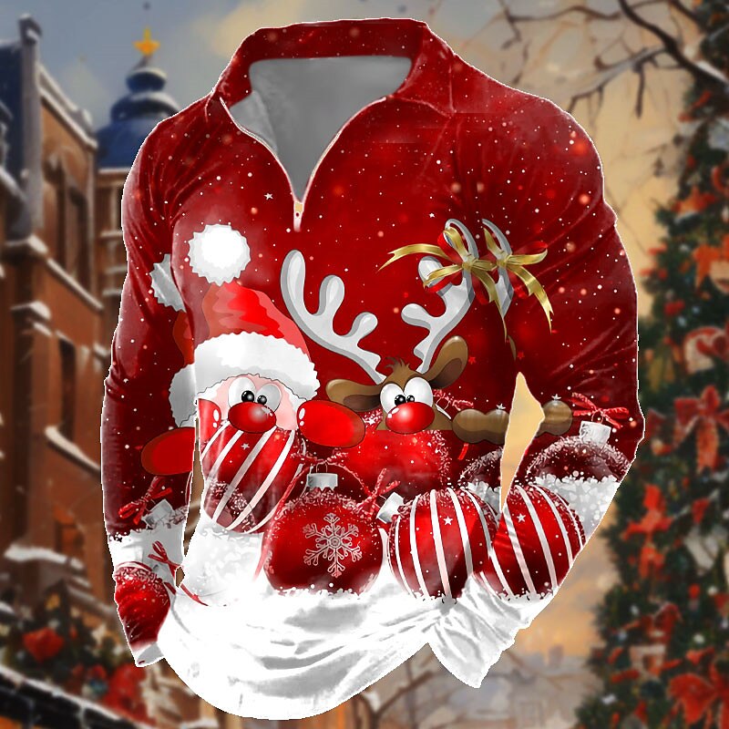 Christmas Men's Santa Claus 3D Zipper Polo Santa Claus Casual Print 3D Zip Golf Outdoor Casual Daily Streetwear Polyester Long Sleeve Turndown Zip Shirts Black Wine Fall & Winter S M L Micro-elastic