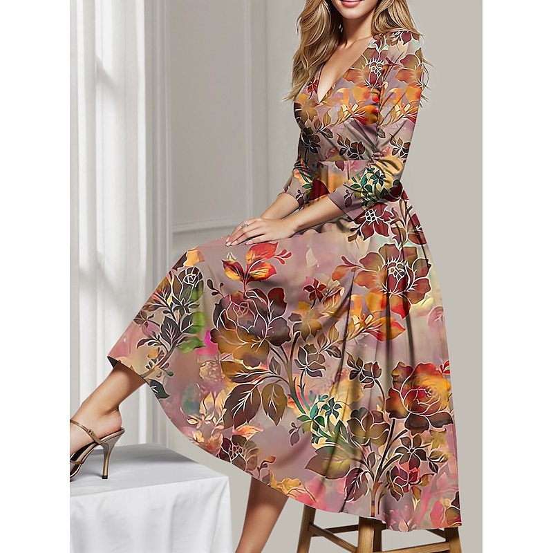 Women's Midi Dress Party Dress Cocktail Dress Wedding Guest Dress Swing Dress Fashion Party Modern Formal Winter Dress Vacation Regular Fit Floral 3/4 Length Sleeve Deep V Red Blue Green Spring Fall