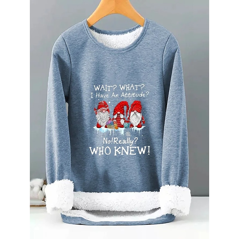 Women's Pullover Sweatshirt Sherpa Fleece Lined Letter Gnome Warm Fuzzy Black Blue Casual Sports Round Neck Long Sleeve Top Micro-elastic Fall & Winter Comfrt Breathable Soft Fabric