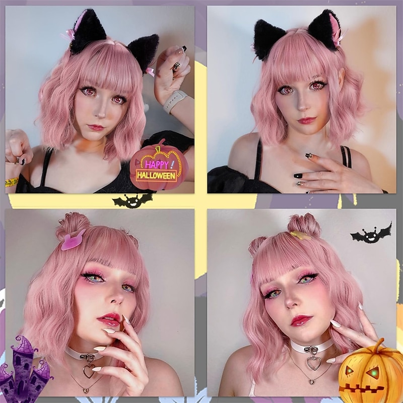 Pink Wig with Bangs Short Bob Wavy Pastel Pink Wigs for Women Curly Shoulder Length Bob Synthetic Natural Looking Wigs for Girls Daily Use4
