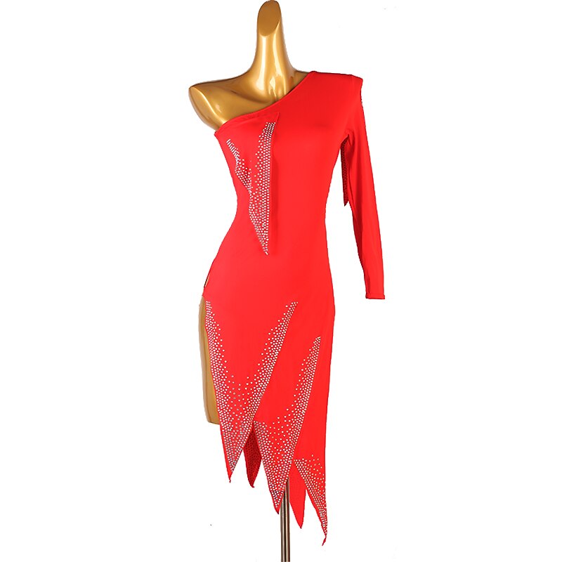 Dance Salsa Latin Dance Dress Pure Color Splicing Crystals / Rhinestones Women's Performance Training Long Sleeve Chinlon Spandex3