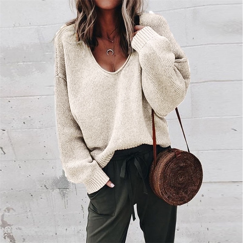 Women's Pullover Sweater Oversized Jumper Knitted Solid Color Stylish Basic Casual Long Sleeve Regular Fit Sweater Cardigans V Neck Fall Winter Black Purple Gray / Holiday