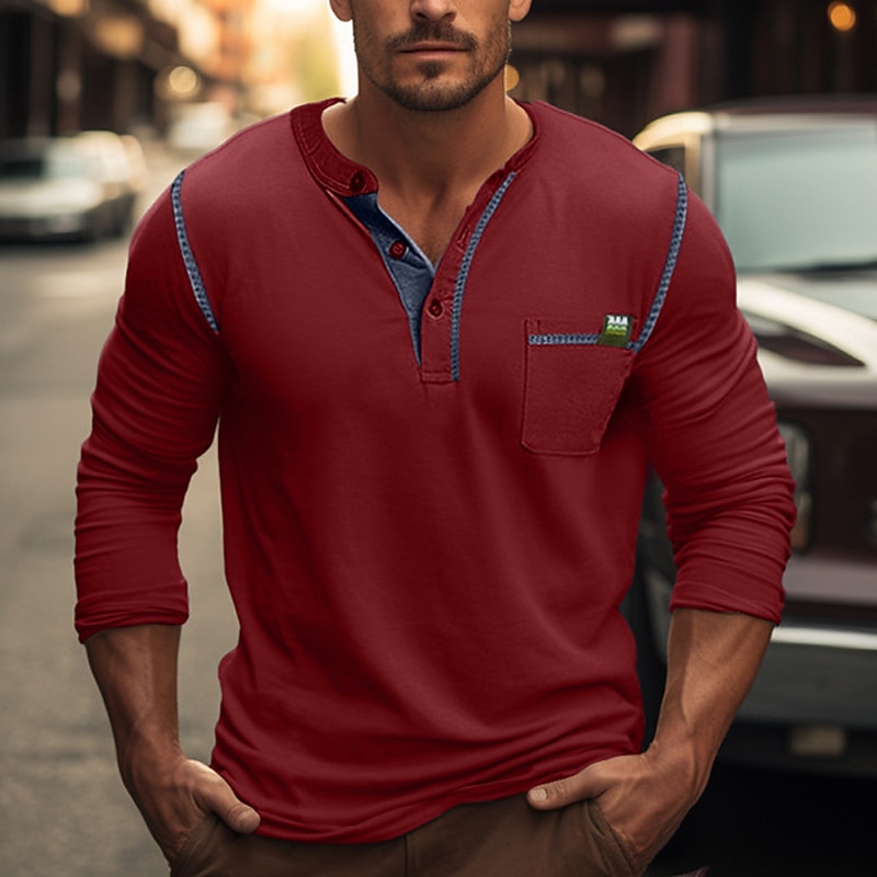 Men's Button T Shirt T Shirt Henley Shirt Tee Top Long Sleeve Henley Spring &  Fall Color Block Raglan Sleeve Vintage Designer Basic Patchwork Front Pocket Vacation Street Going out Wine Black White4