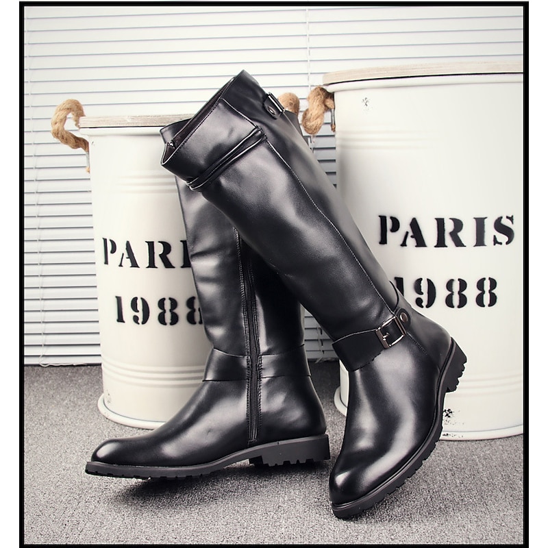 Men's Brown Knee-High Riding Boots – Faux Leather with Buckle Detail and Zipper Closure for Casual and Equestrian Style2