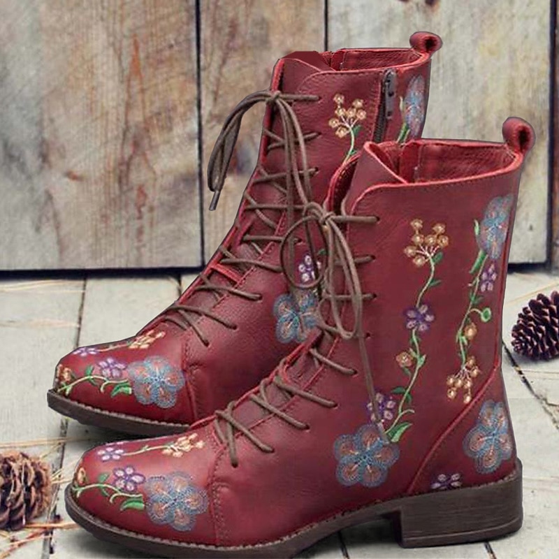 Women's Vintage Floral Embroidered Lace-Up Ankle Boots - Bohemian Style Leather Boots with Side Zipper for Fall and Winter3