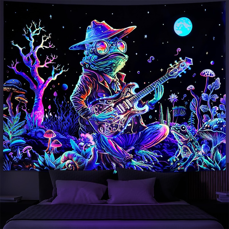 Blacklight Tapestry UV Reactive Glow in the Dark Glow Party Neon Trippy Misty Frog Guitar Hanging Tapestry Wall Art Mural for Living Room Bedroom3