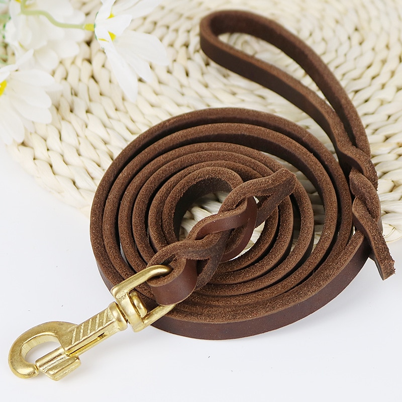 Copper Hook Pet Cowhide Traction Rope For Dogs Medium To Large Size Leather Dog Chain Gold Fur Soft Cowhide Dog Traction Rope3