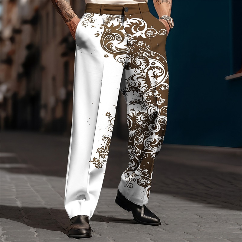Floral Vintage Business Men's 3D Print Pants Trousers Outdoor Street Wear to work Polyester Wine Black Navy Blue S M L High Elasticity Pants4