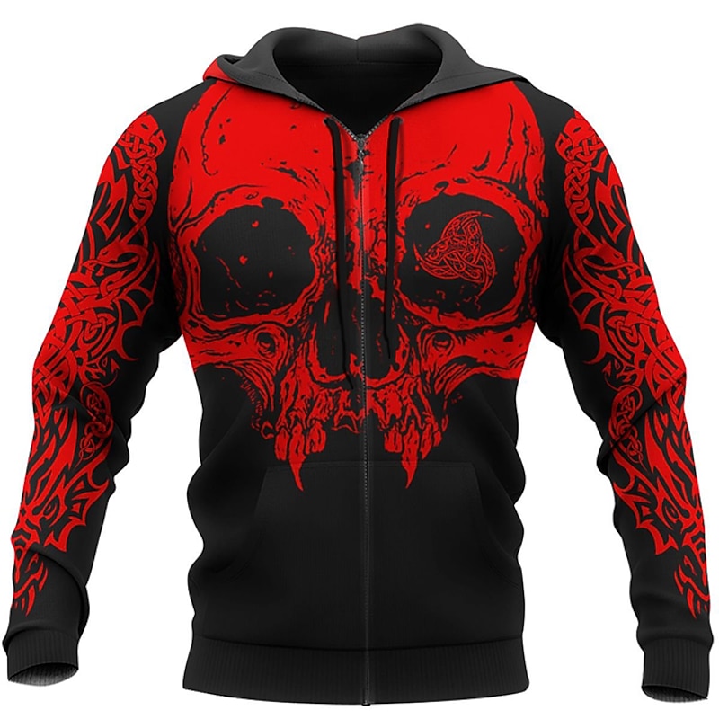 Men's Skull Novelty Skulls Hoodie Hoodies Sweatshirt Fashion Cool Long Sleeve Hooded Vacation Halloween Holiday Black Red Print Spring &  Fall Designer3
