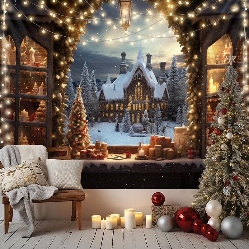 Christmas Decorations Snow White Winter Wonderland Hanging Tapestry Castle Wall Art Xmas Large Tapestry Mural Decor Photograph Backdrop Blanket Curtain Home Bedroom Living Room Decoration Window View2