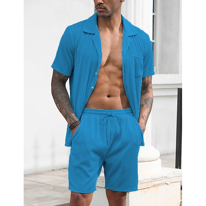 Men's 2 Piece Shirt Set Button Up Shirt Casual Shirt Summer Shirt Yellow Blue Army Green Short Sleeve Plain Camp Collar Daily Vacation Front Pocket Clothing Apparel 100% Cotton Fashion Casual2