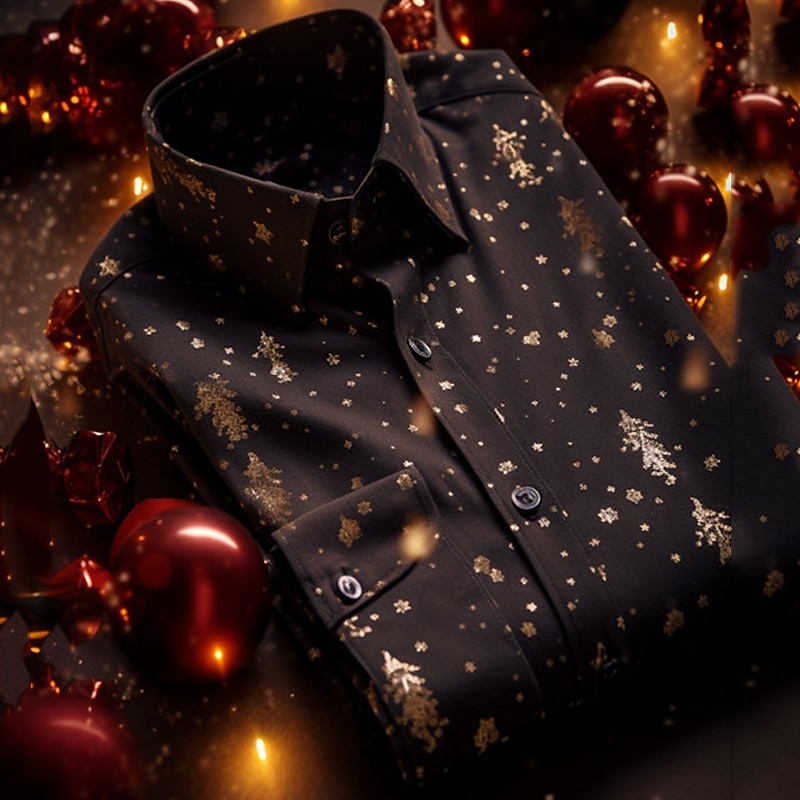 Christmas Men's Christmas Scene Printed Shirts Tree Casual Outdoor Street Fall & Winter Turndown Long Sleeve Black Purple S M L Shirt