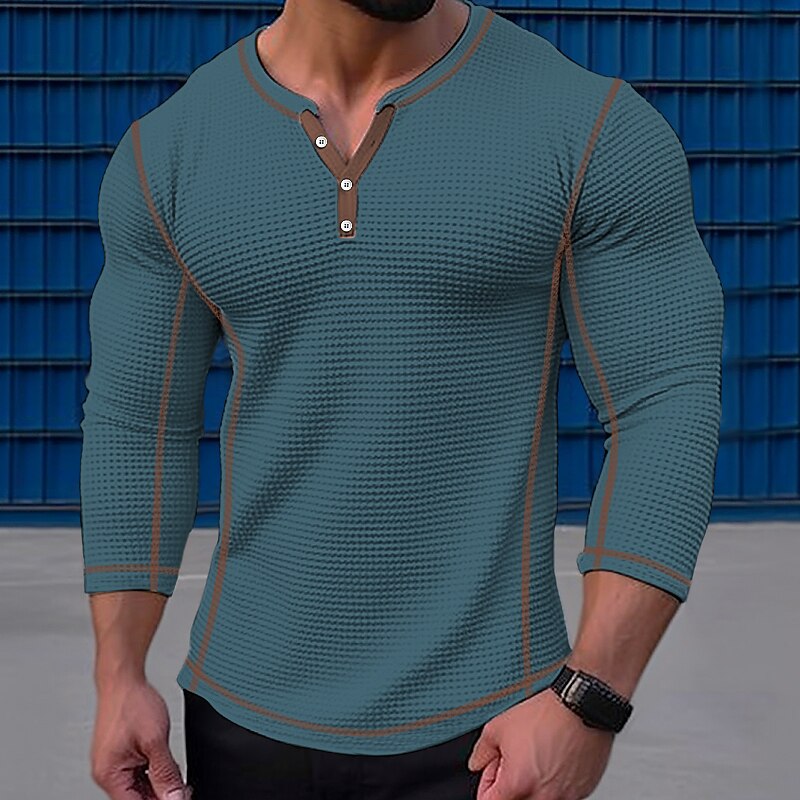 Men's Waffle Tee Button T Shirt T Shirt Waffle Henley Shirt Long Sleeve Henley Spring &  Fall Color Block Vintage Designer Basic Patchwork Vacation Street Going out Black White Navy Blue Top Tee for2