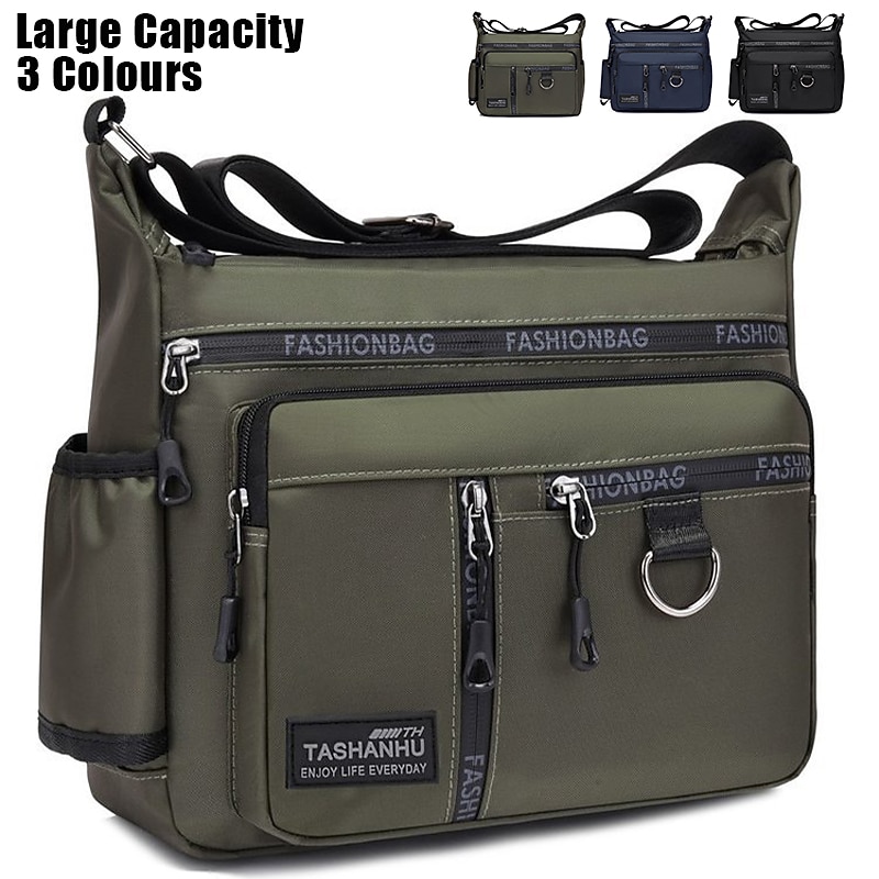 Men's Black Multi-pocket Nylon Crossbody Messenger Bag – Lightweight Waterproof Shoulder Bag for Work, Travel, and Daily Commute