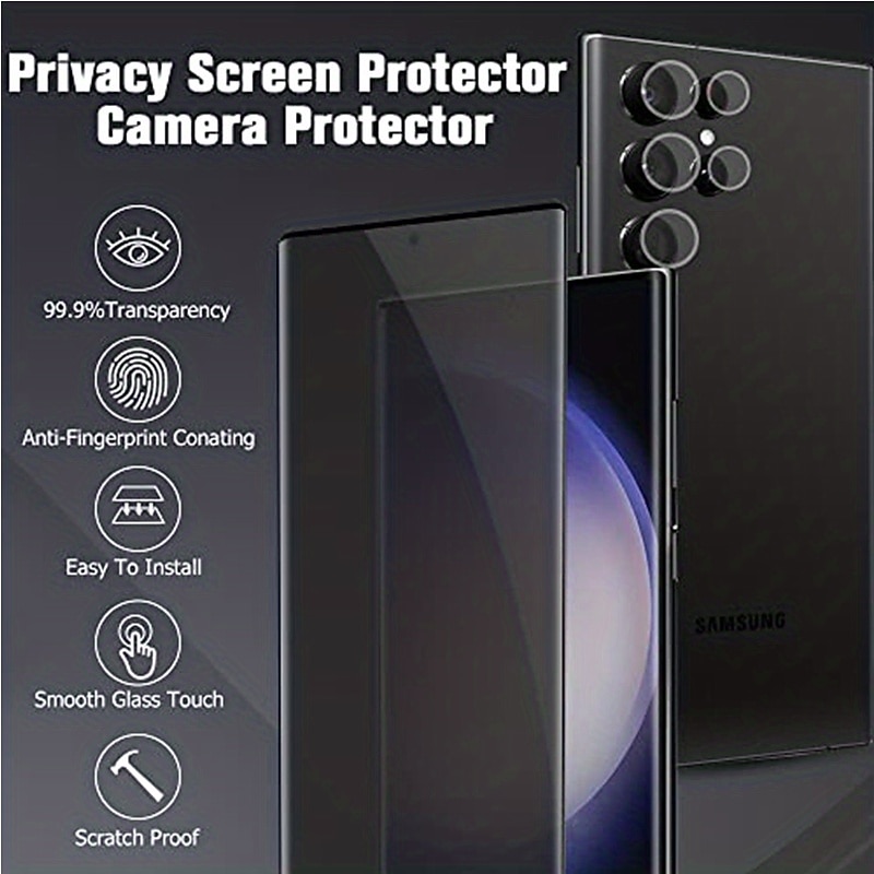 [1+2Pack] Screen Protector + Camera Lens Protector For Samsung Galaxy S25 Ultra S25 Ultra Plus S24 Ultra Plus S23 S22 S21 S20 Ultra Plus FE Note 20 Ultra Tempered Glass Privacy Anti-Spy 9H Hardness2