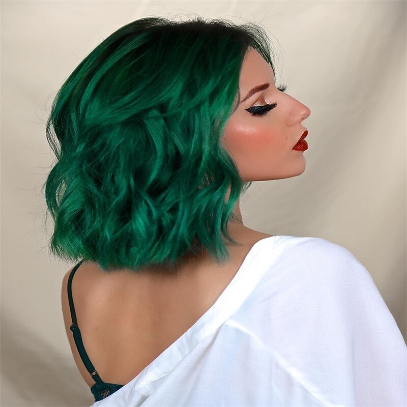 Dark Green Wavy Bob Wig with Curtain Bangs Synthetic Short Green Curly Bob Wigs with Bangs for Women Bob Curly Wavy Wig Natural Hair Shoulder Length Wigs for Women(Green) Christmas Party Wigs2