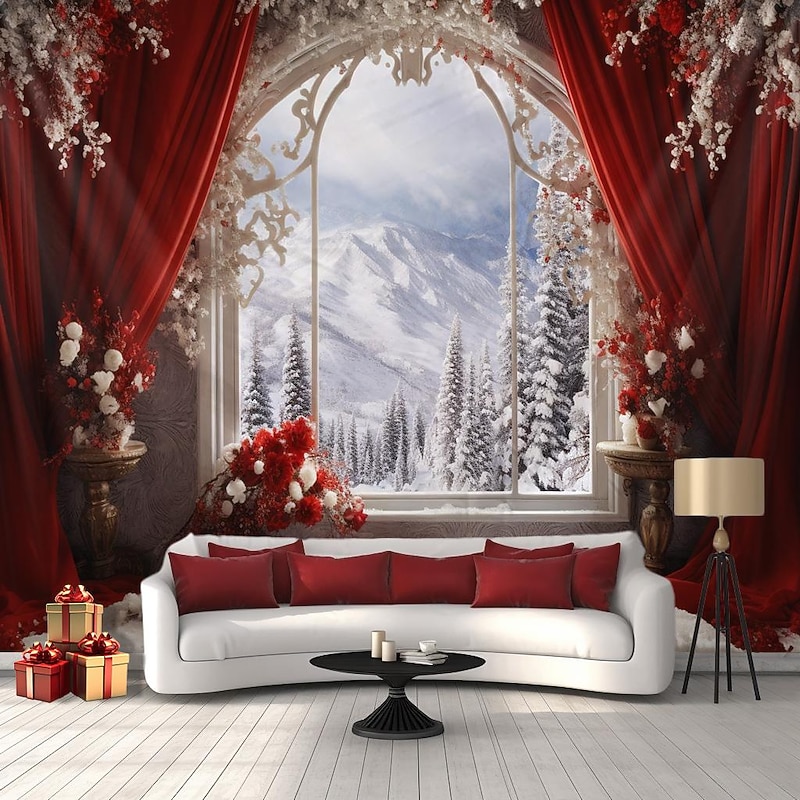 Christmas Decorations Tree Window Winter Hanging Tapestry Wall Art Xmas Large Tapestry Mural Decor Photograph Backdrop Blanket Curtain Home Bedroom Living Room Decoration2