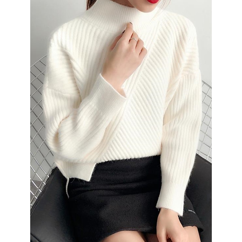 Women's Pullover Sweater Jumper Stand Collar Ribbed Knit Spandex Yarns Patchwork Split Fall Winter Regular Outdoor Daily Going out Stylish Casual Soft Long Sleeve Solid Color Black White Yellow