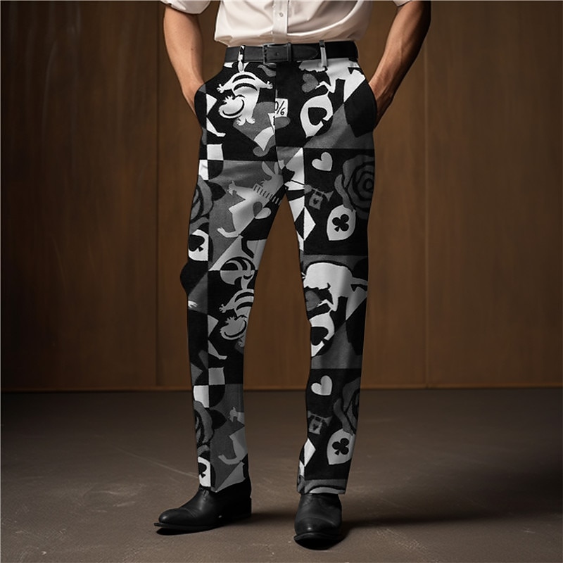 Color Block Poker Abstract Men's 3D Print Pants Trousers Outdoor Street Wear to work Polyester Wine Red Blue S M L High Elasticity Pants3