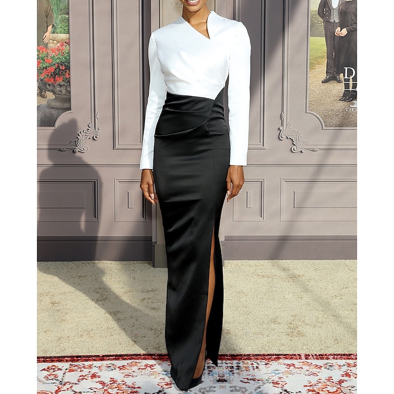 Sheath Evening Gown Elegant Dress Formal Wedding Guest Floor Length Long Sleeve V Neck Black Dress Stretch Fabric with Slit2