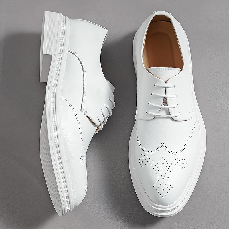 Men's White Faux Leather Oxford Shoes with Perforated Design, Lace-Up Closure, Comfortable Sole, Casual and Smart Casual Style