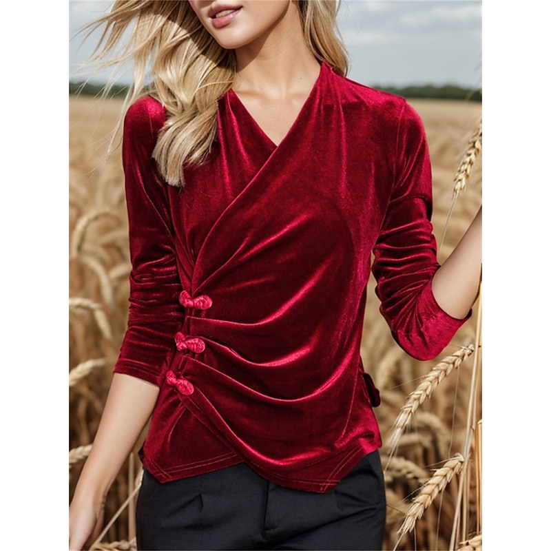 Women's Shirt Blouse Plain Fashion Long Sleeve V Neck Regular Tops Casual Flowing tunic Black Wine Fall & Winter
