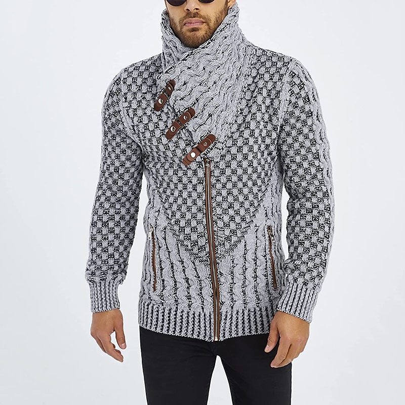 Men's Cardigan Sweater Turtleneck Sweater Ribbed Knit Regular Side Pockets Cropped Plain Turtleneck Warm Ups Modern Contemporary Casual Daily Wear Clothing Apparel Fall Winter Gray S M L4