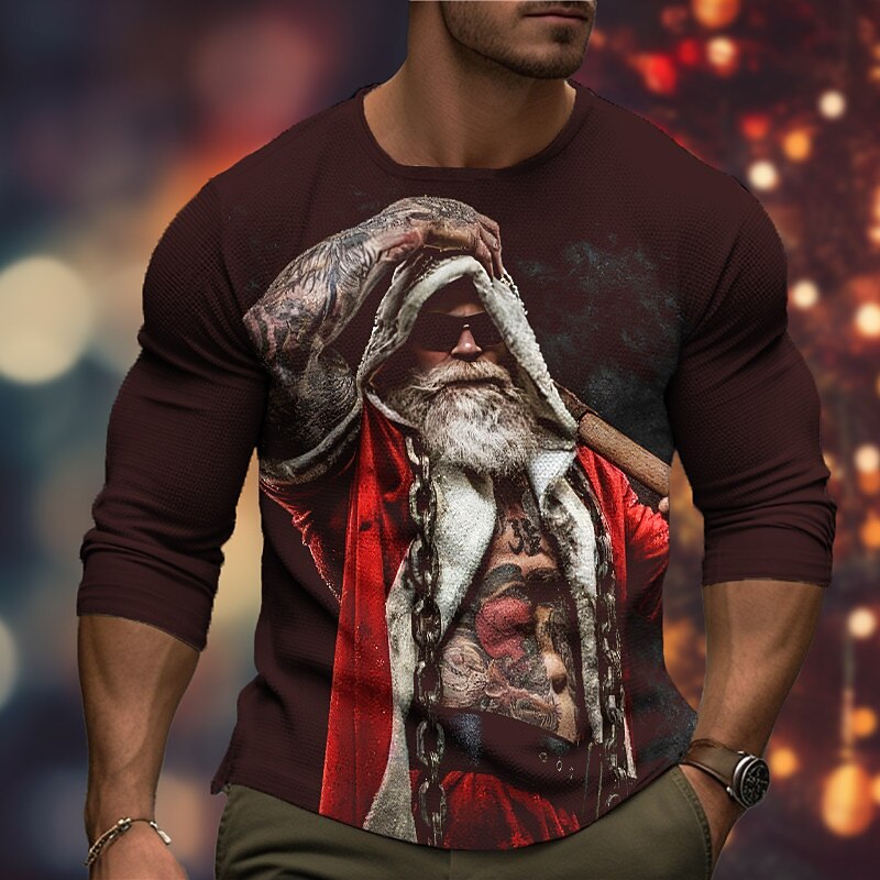 Christmas Men's Graphic Santa Claus T Shirt Long Sleeve T shirt 3D Print Crew Neck Shirt Fashion Designer Casual Sports Outdoor Holiday Going out Black Burgundy Dark Green Spring &  Fall Clothing4