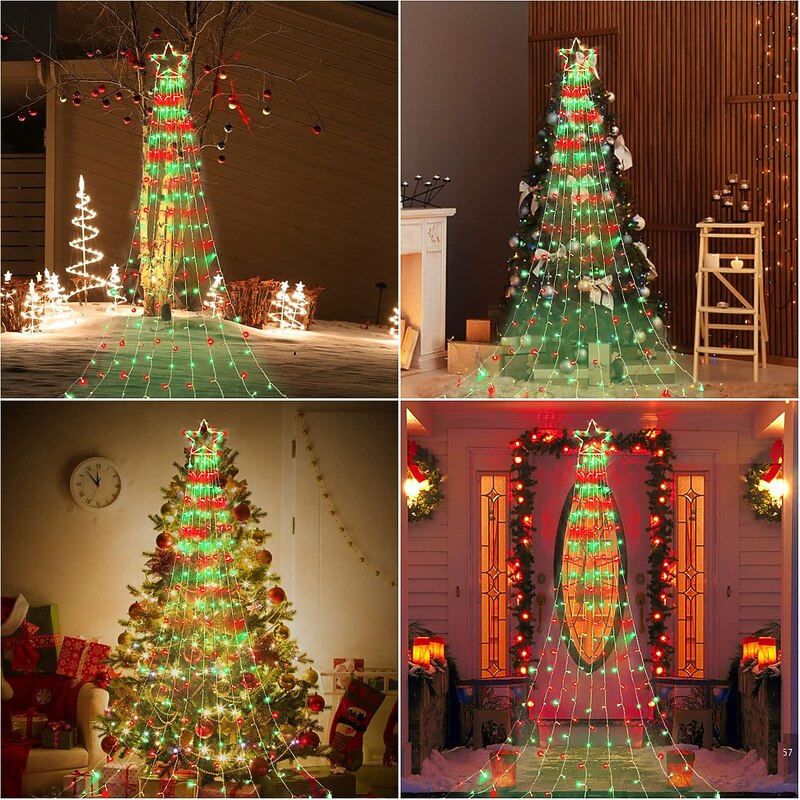 Christmas Tree String Lights Outdoor Decoration Star String Lights 8 Modes Plug in 350 LED Waterfall Christmas Tree Star Topper Fairy Light For Patio Holiday Xmas Decor Colorful Lighting EU US AU UK Plug2