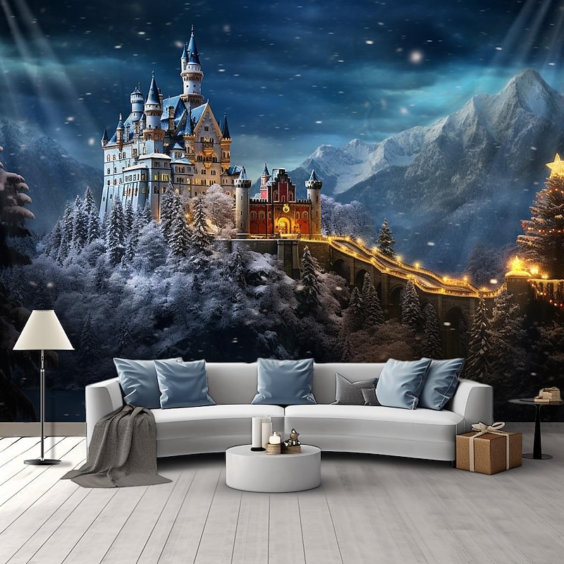 White Wonderland Castle Hanging Tapestry Wall Art Large Tapestry Mural Decor Photograph Backdrop Blanket Curtain Home Bedroom Living Room Decoration