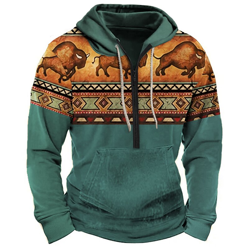 Men's Color Block Tribal Graphic Prints Hoodie Hoodies Sweatshirt Daily Ethnic Long Sleeve Half Zip Holiday Going out Streetwear Bronze Dark Green Print Spring &  Fall Designer4
