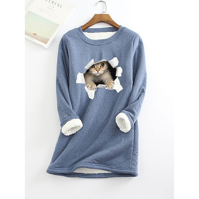 Women's Fleece Lined Pullover Sweatshirt Pajamas Cat Warm Fuzzy Long Sleeve Round Neck Crewneck Long Tops Casual Sports Black Yellow Pink Dark Pink Red Fall & Winter2