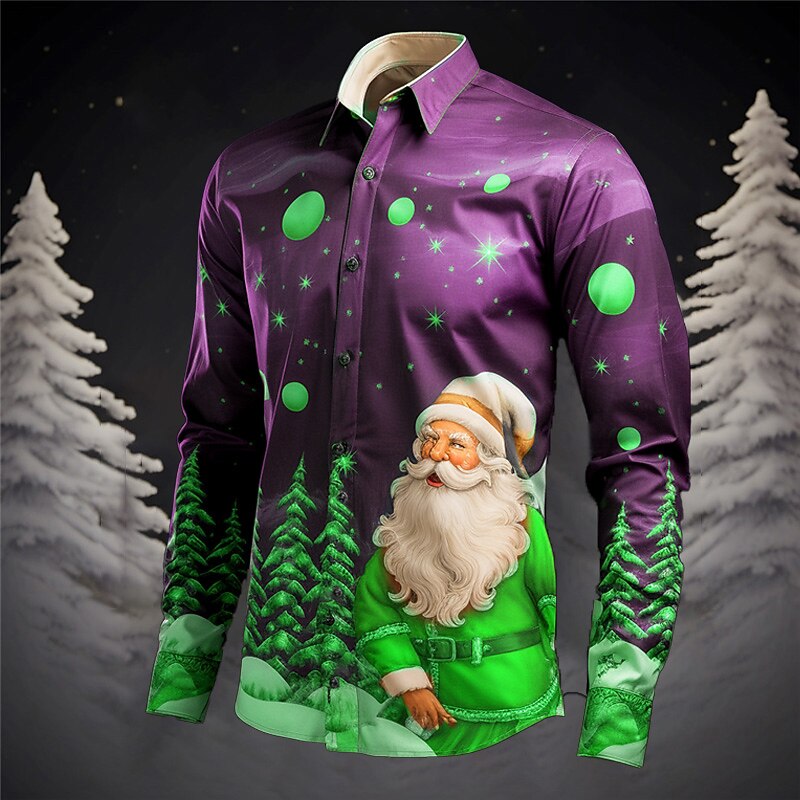 Men's Santa Claus Christmas Tree Shirt Long Sleeve Casual Christmas Daily Wear Going out Fall & Winter Turndown Print Button-Down Gray+Purple Yellow Red Dark Navy Royal Blue4
