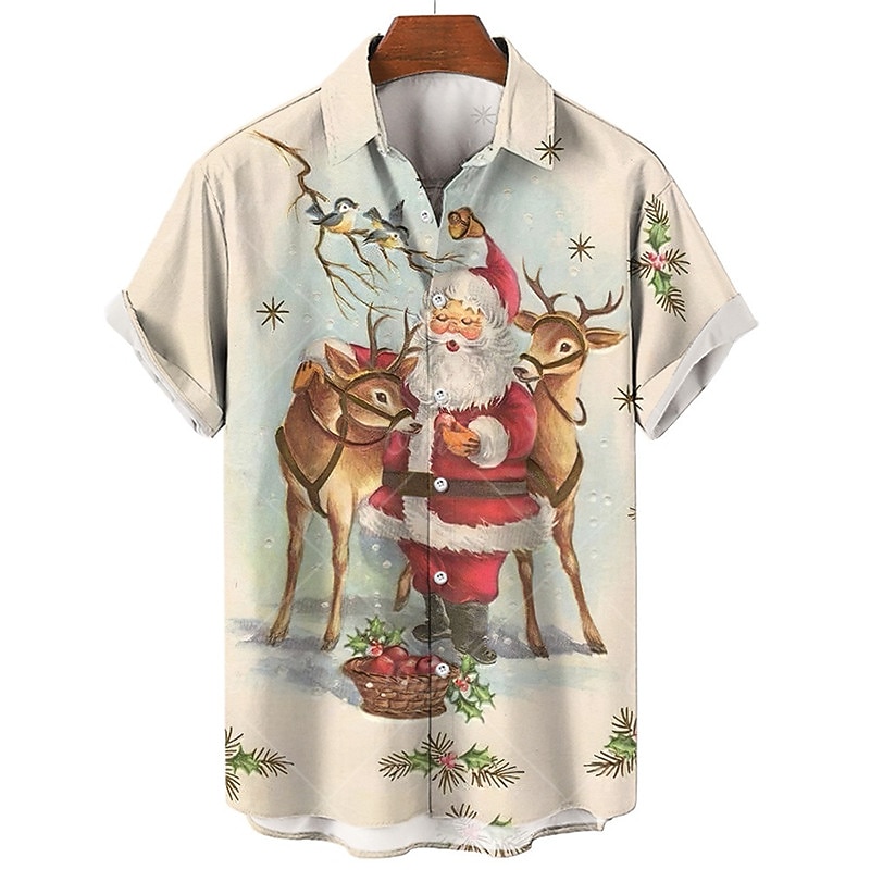 Christmas Men's Christmas animal Printed Shirts Tree Graphic Shirts Santa Claus Elk Casual Outdoor Street Fall Turndown Short Sleeve Burgundy Blue Dark Cotton3