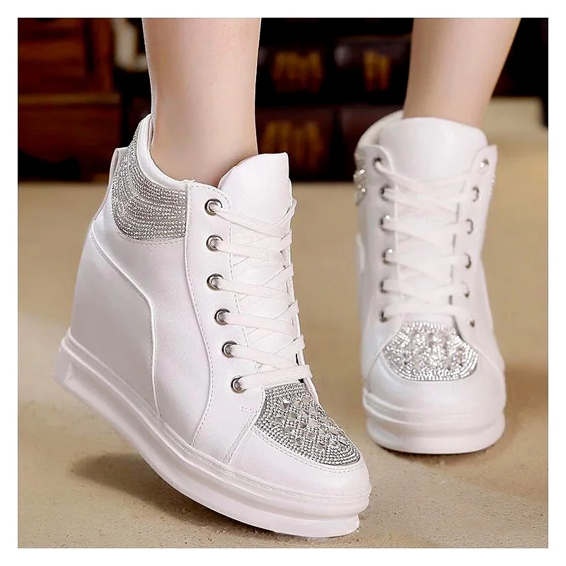 Women's White Rhinestone Wedge Sneakers – Faux Leather High Top Platform Shoes for Casual, Party & Streetwear Fashion2
