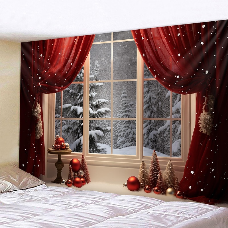 Christmas Decorations Tree Window Winter Hanging Tapestry Wall Art Xmas Large Tapestry Mural Decor Photograph Backdrop Blanket Curtain Home Bedroom Living Room Decoration4